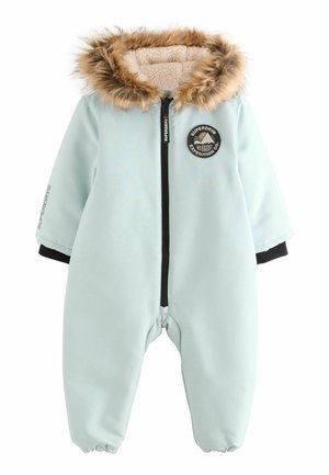Lyseblå baby-vinterdragt med pelsforet hætte, lynlås foran og sort logo-patch med teksten "Superdry Everest Expedition Co."