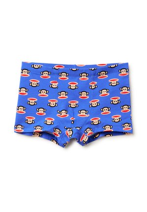 Niebieskie bokserki z powtarzającymi się nadrukami kreskówkowych małp, z czarnymi uszami i czerwonymi otwartymi ustami, prezentowane na białym tle.