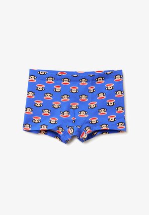 Boxer blu con stampe ripetute di facce di scimmia cartoon, con orecchie nere e bocche aperte rosse, mostrati su sfondo bianco.