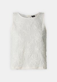 Top sin mangas blanca con bordado floral texturizado, cuello redondo y cierre en la parte posterior tipo llave. Tejido suave con un ligero brillo.