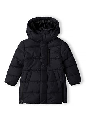 Manteau d’hiver noir matelassé avec capuche, fermeture éclair à l’avant, poches latérales avec boutons et poche poitrine zippée, conçu pour les temps froids.