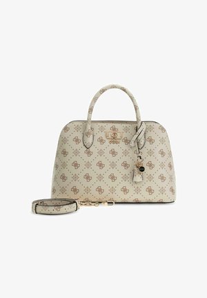 Sac à main beige Guess avec motif logo marron, quincaillerie dorée, double poignées supérieures et bandoulière amovible.