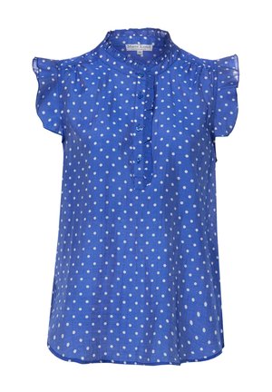 Blusa smanicata blu con pois bianchi, dettagli arricciati sulle spalle, abbottonatura frontale e piccolo colletto alla coreana.