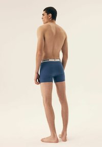 Niebieskie bokserki z rozciągliwego materiału, z białym pasem w talii z nadrukiem "HENDERSON", noszone przez męski model widoczny od tyłu.