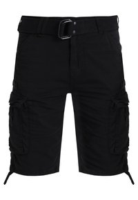 Pantaloni cargo neri in tessuto, dotati di cintura, molteplici tasche laterali, una vestibilità comoda e orli regolabili con lacci.