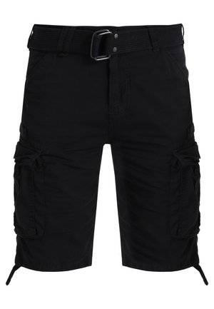 Sorte stof cargo shorts med et bælte, flere side lommer, en afslappet pasform og justerbare sømme med snore.