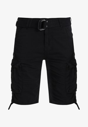 Sorte stof cargo shorts med et bælte, flere side lommer, en afslappet pasform og justerbare sømme med snore.