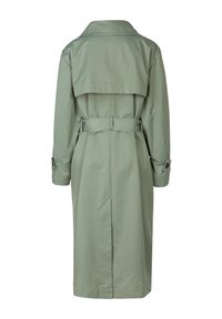 Light green trench coat with a back belt, large collar, and long sleeves. Features buttoned cuffs and a smooth, textured fabric.