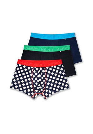 Drei Paar Boxer-Shorts: eines mit dunkelblauen und weißen Punkten, eines einfarbig dunkelblau und eines schwarz, jeweils mit einem bunten elastischen Bund.
