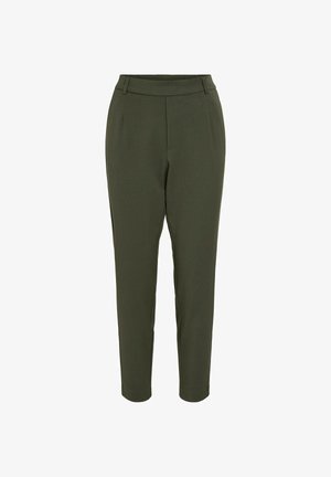 Olijfgroene, op maat gemaakte broek met een gladde textuur, taps toelopende enkels, elastische tailleband en twee zijzakken voor functionaliteit.