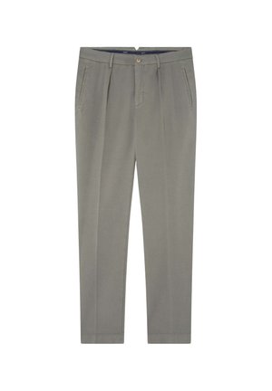 Trousers in light grey fabric, straight-cut design, featuring two side pockets and a front button closure. Smooth texture, tailored fit.