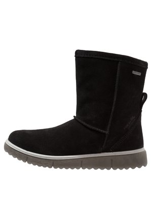 Black suede ankle boot with a rounded toe, soft upper, and a textured rubber sole. Features a pull tab at the back for easy wear.