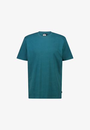 Groenblauw katoenen T-shirt met een klassieke ronde hals, korte mouwen en een rechte zoom. Gelijke, gladde textuur, zonder zichtbare patronen of accenten.