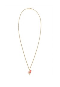 Gouden ketting met een roze flamingo hanger met zwarte oogdetails en witte accenten, bevestigd met een karabijnsluiting.