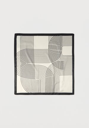 Foulard en soie carré avec des motifs géométriques noirs et blancs composés de lignes courbes et droites et une bordure noire.
