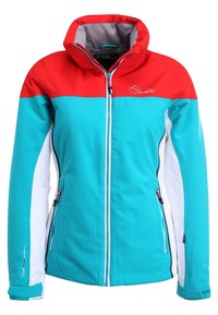 Mehrfarbige Jacke in Türkis, Rot und Weiß, mit einem Reißverschluss vorne, Kapuze und weichem Futter. Strukturierter, sportlicher Stil mit kontrastierenden Akzenten.