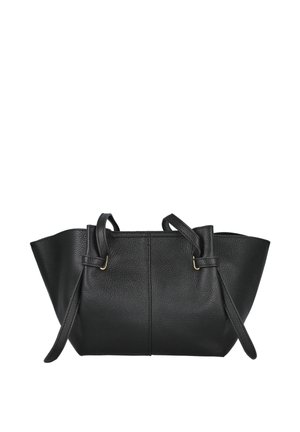 Bolso de mano de cuero negro texturizado con lados estructurados, asas dobles en la parte superior y largas correas ajustables, mostrado sobre un fondo blanco.