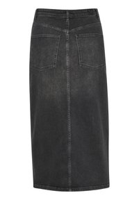 Black denim midi skirt with a straight cut, featuring a back seam, two back pockets, and a waistband. Noticeable stitching detail.