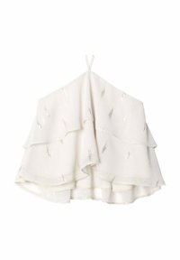 Haut blanc à couches avec des accents argentés, comportant des volants, une coupe décontractée et des bretelles fines. Tissu léger avec une finition texturée.