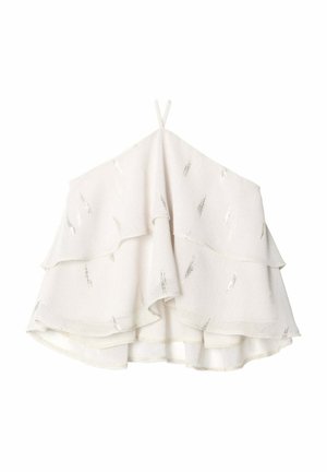 Top blanco en capas con detalles plateados, que presenta volantes, un corte holgado y tirantes finos. Tejido ligero con un acabado texturizado.