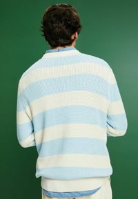 Hellblau-weiß gestreifter, gestrickter Pullover mit geripptem Saum und weicher Textur, ausgestattet mit einem klassischen Kragen und lockeren Ärmeln.