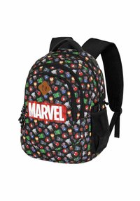 Sac à dos noir arborant des motifs de personnages Marvel en couleurs vives, dont rouge, vert et bleu. Comprend un logo blanc "MARVEL" bien visible.