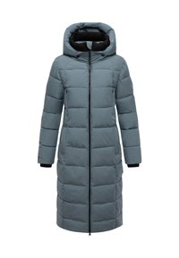 Podstavljena duga plašna jakna u svijetlo plavoj sivoj boji, s patentnim zatvaračem sprijeda, kapuljačom i elastičnim manžetama. Materijal izgleda glatko s vidljivim kvadratnim dijelovima.