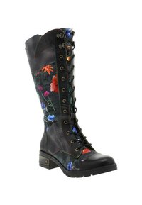 Bottes noires montantes avec imprimé floral, en cuir texturé et surpiqûre multicolore. Comprend des œillets en métal et un petit talon bloc.