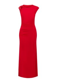 Red, sleeveless dress with a round neckline, gathered detail at the shoulder, ruched side, and a side slit for added detail.