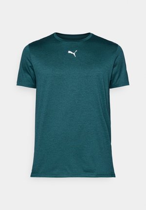 T-shirt à manches courtes teal en tissu respirant. Présente un col rond et un logo Puma blanc sur le haut de la poitrine.