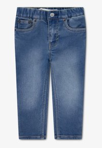 Blue denim jeans featuring a classic five-pocket design, contrasting yellow stitching, and a button closure at the waist.
