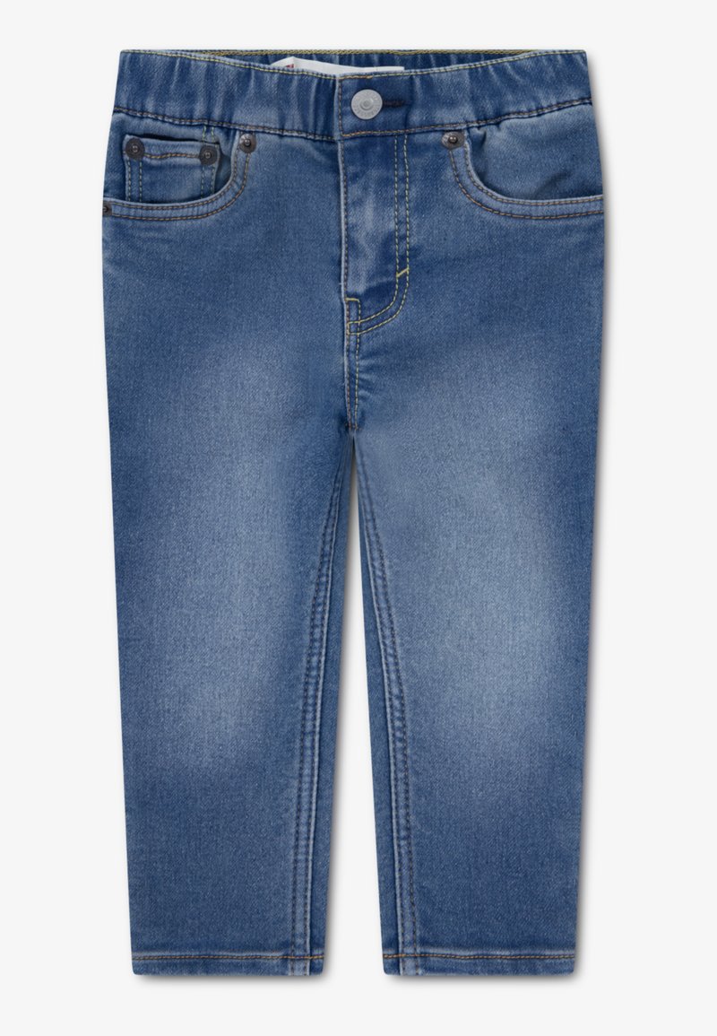Blue denim jeans featuring a classic five-pocket design, contrasting yellow stitching, and a button closure at the waist.