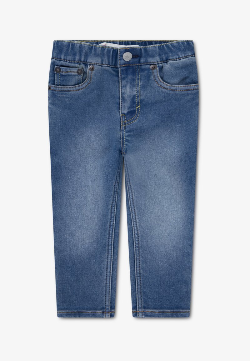 Blue denim jeans featuring a classic five-pocket design, contrasting yellow stitching, and a button closure at the waist.