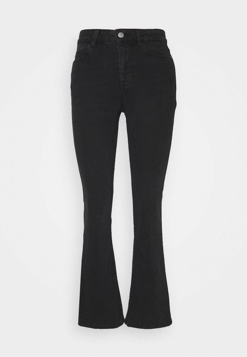 Jean évasé noir en denim, doté d'une taille haute, d'une fermeture à bouton sur le devant et d'une coupe à cinq poches. Texture lisse sur toute la surface.