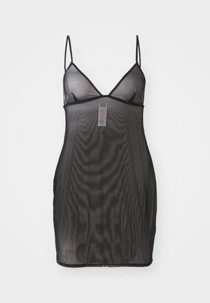 Black sheer nightdress with thin adjustable straps and a low v-neckline, featuring a smooth texture and subtle ribbing throughout.