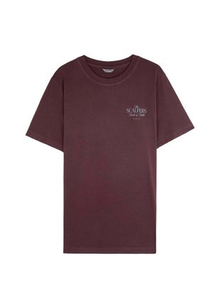 Bordeaux katoenen T-shirt met een ronde hals, korte mouwen en een klein wit logo op de borst. Zachte textuur en klassieke pasvorm.