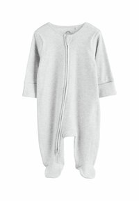 Tutina grigia a coste con maniche lunghe, chiusura frontale con zip e design con piedi. Realizzata in morbido materiale elastico per il comfort.