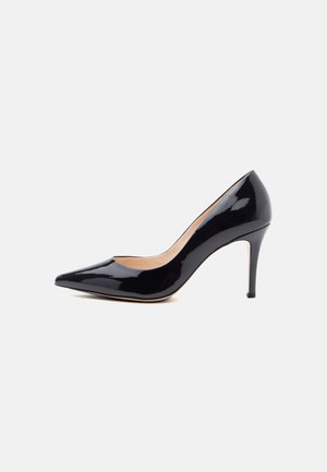 Black patent leather high heel with a pointed toe, slim stiletto heel, and a smooth finish. The interior is beige. Classic design.