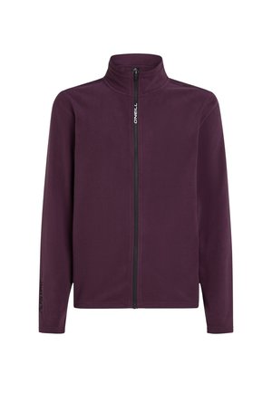 Purple fleece jacket with a high collar and full front zipper. Features long sleeves and a logo accent on the left sleeve. Smooth texture.