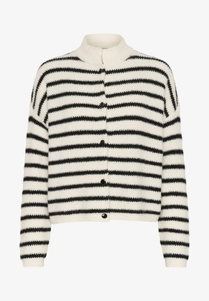 Dryžuotas megztinis kreminės ir juodos spalvos, su aukšta apykakle, mygtukų užsegimu, tekstūruota medžiaga ir šonkačių apykaklėmis bei kraštu.