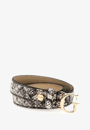Zwarte en witte leren riem met pythonpatroon, voorzien van een goudkleurige metalen gesp met een opvallend "G"-logo en een gladde afwerking.