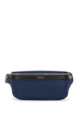 Navy blue, smooth synthetic leather bag with a black leather accent. Features a gold zipper and a logo detail on the front. Compact design.
