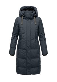 Dark blue padded parka coat featuring a high collar, large front pockets, and adjustable straps on the hood. Soft textured fabric.