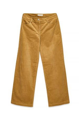 Corduroy wide-leg pants in a warm mustard color. Features two front pockets and a button closure. Textured fabric with vertical ridges.