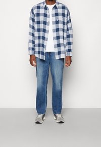 Blå och vit rutiga flanellskjorta över en vit t-shirt, tillsammans med ljusblå jeans och grå sneakers med svarta accenter.