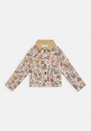 Veste à manches longues à boutons avec motif floral multicolore, col en velours côtelé beige et poche poitrine sur fond blanc.