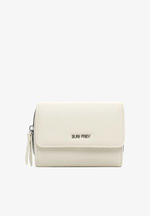 Pieni kermaan sävytetty nahkalompakko, jossa läppä ja vetoketju, hopeinen Suri Frey -logo edessä sekä nahkaiset vetoketjun vetimet.