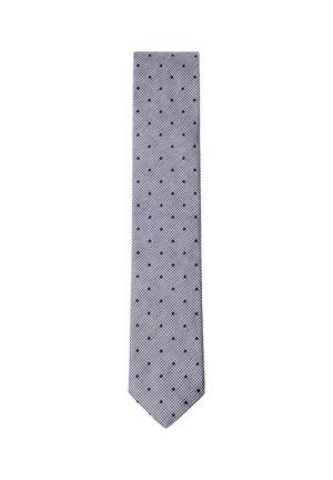 Corbata gris claro con un pequeño patrón de cuadros azul oscuro y pequeños lunares azul oscuro dispersos.
