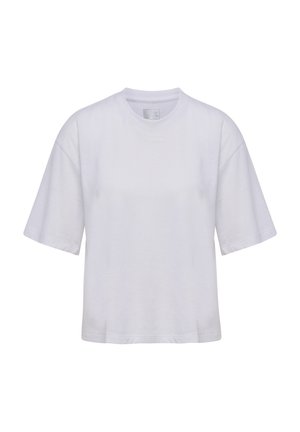 White short-sleeve cotton t-shirt with a round neckline, loose fit, and a small logo printed near the collar. Smooth texture and simple design.