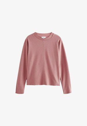 Roze lange mouwen trui van zacht materiaal, met een geribbelde halslijn, afhangende schouders en een boxy silhouet zonder patronen.